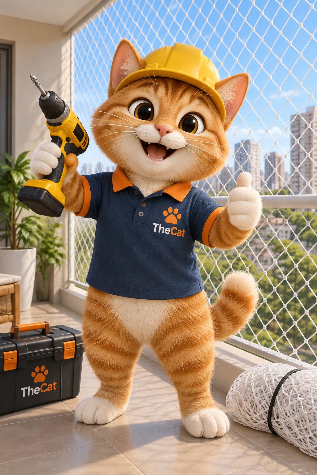 Mascote TheCat fazendo joinha numa varanda protegida com rede