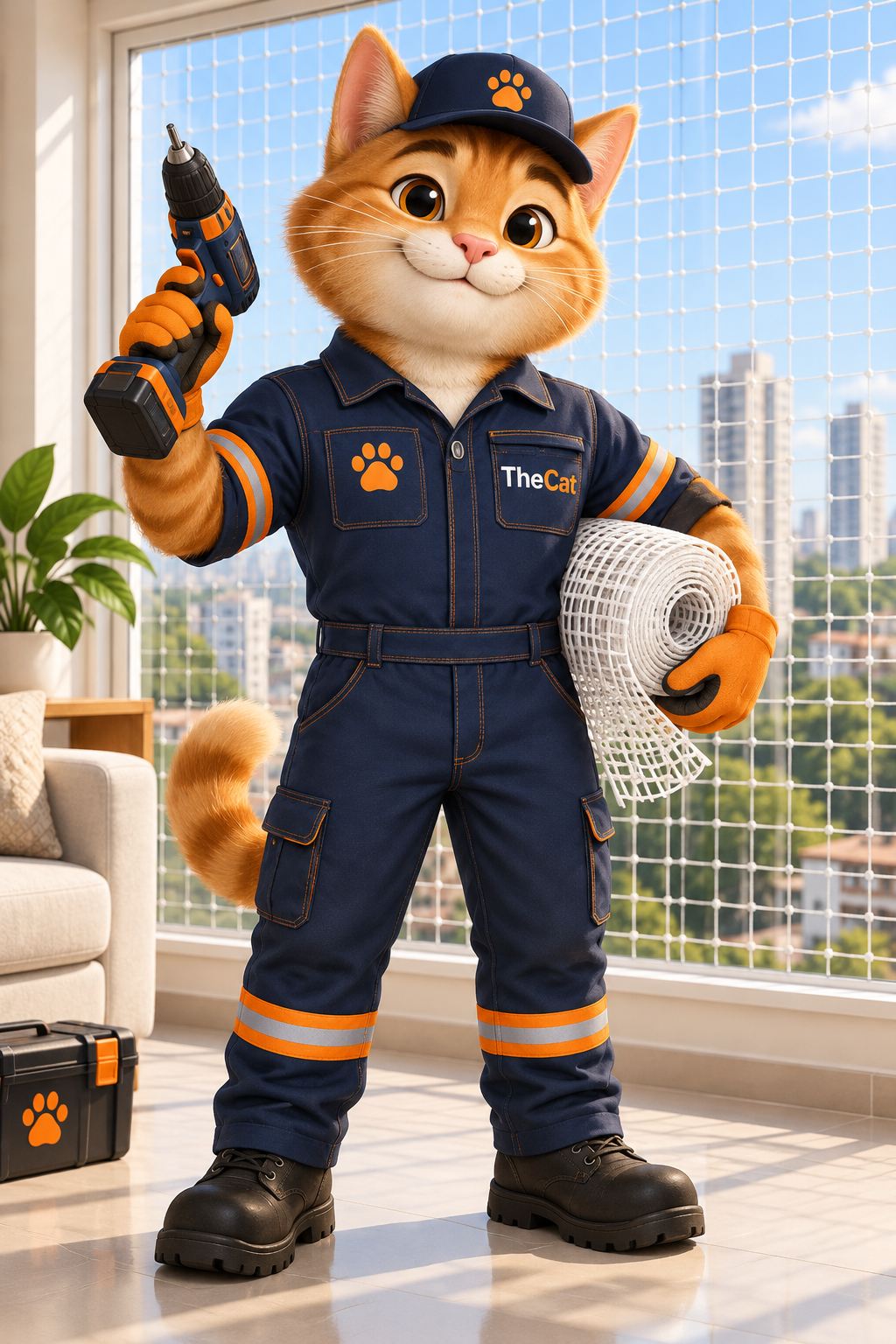 Mascote TheCat de macacão azul com furadeira e rolo de rede de proteção