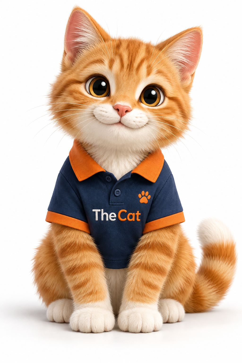 Mascote TheCat sentado, de camisa polo azul com a logo