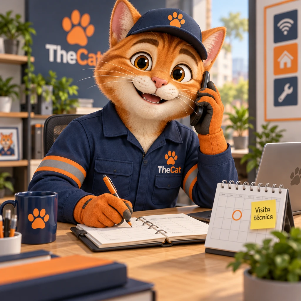 Mascote TheCat ao telefone agendando a visita técnica