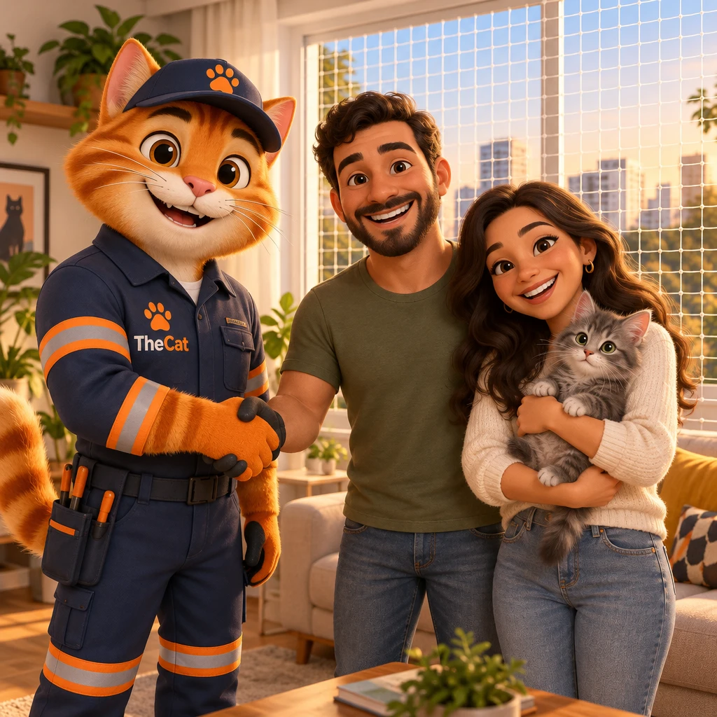 Mascote TheCat cumprimentando a família com o gato no colo, em casa protegida
