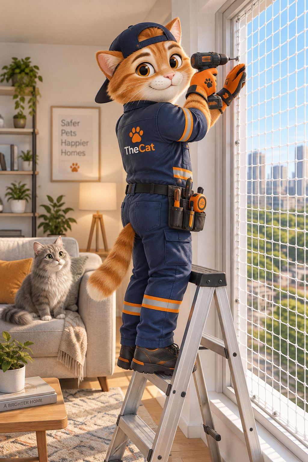 Mascote TheCat instalando rede de proteção na janela