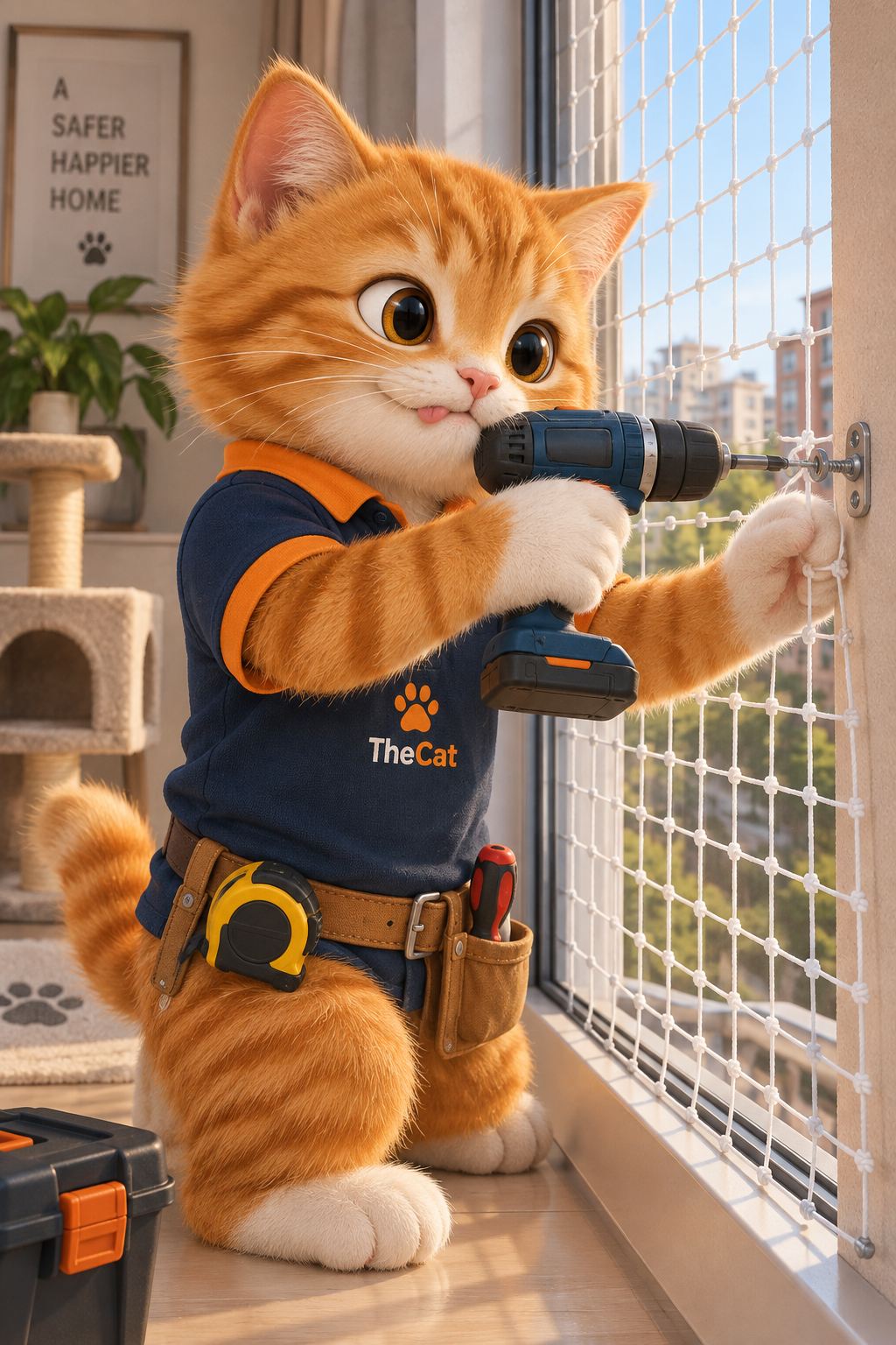 Mascote TheCat parafusando suporte da rede na janela