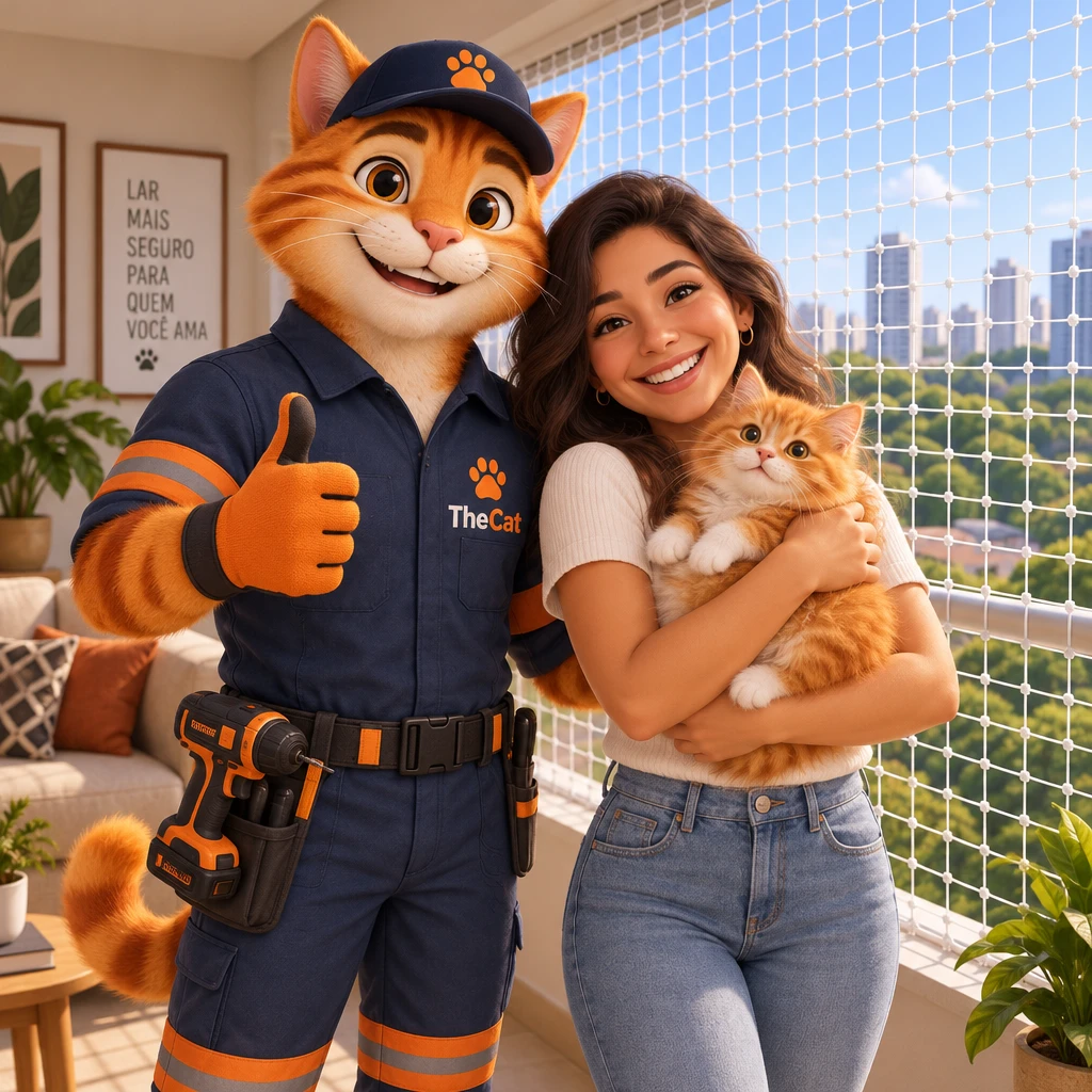 Mascote TheCat fazendo joinha ao lado da cliente com o gato no colo, na varanda com rede