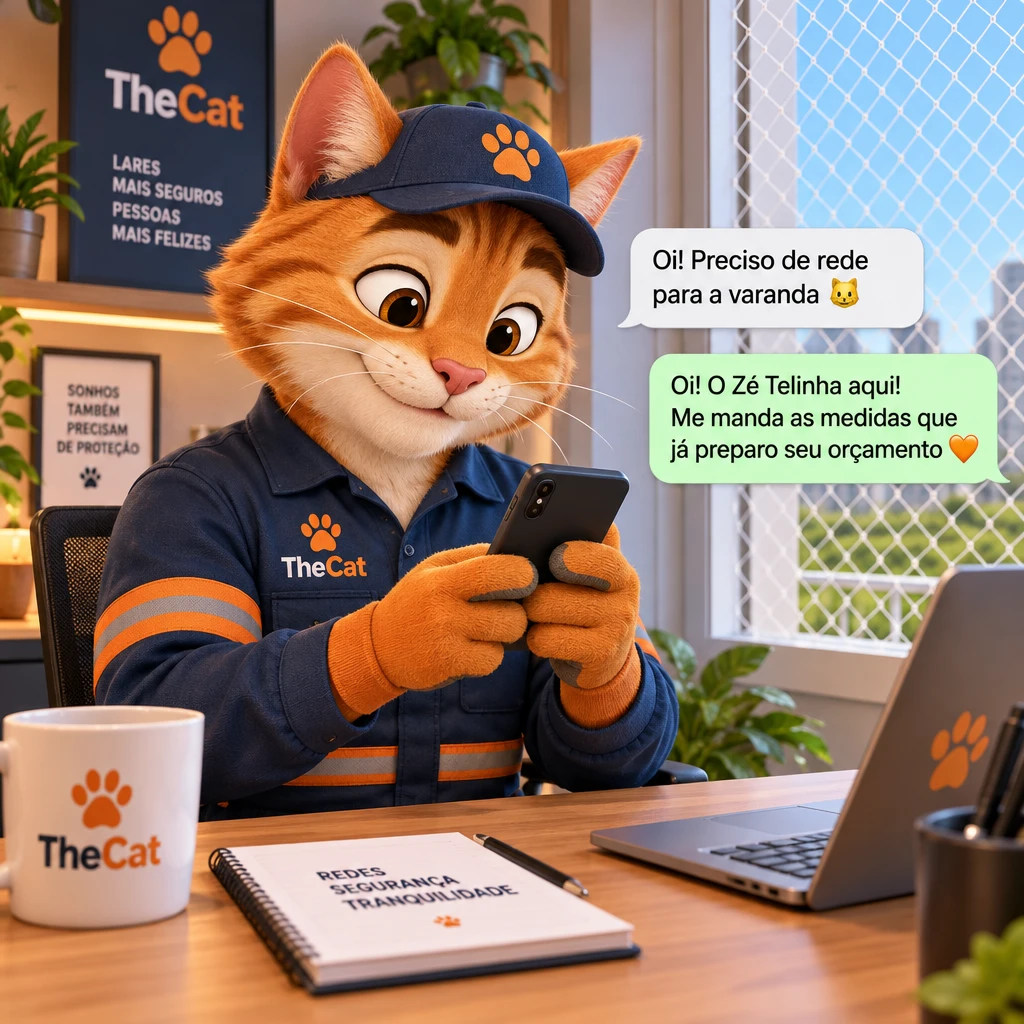 Mascote TheCat respondendo um cliente pelo WhatsApp no celular